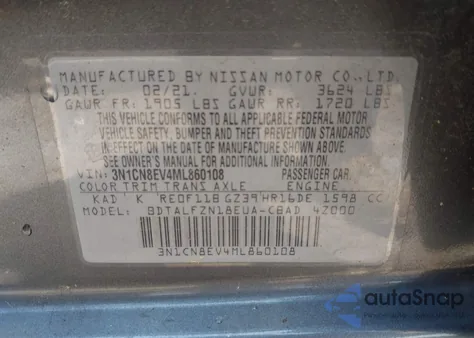 2021 Nissan Versa Sv Xtronic Cvt z USA, uszkodzony, nr VIN 3N1CN8EV4ML860108